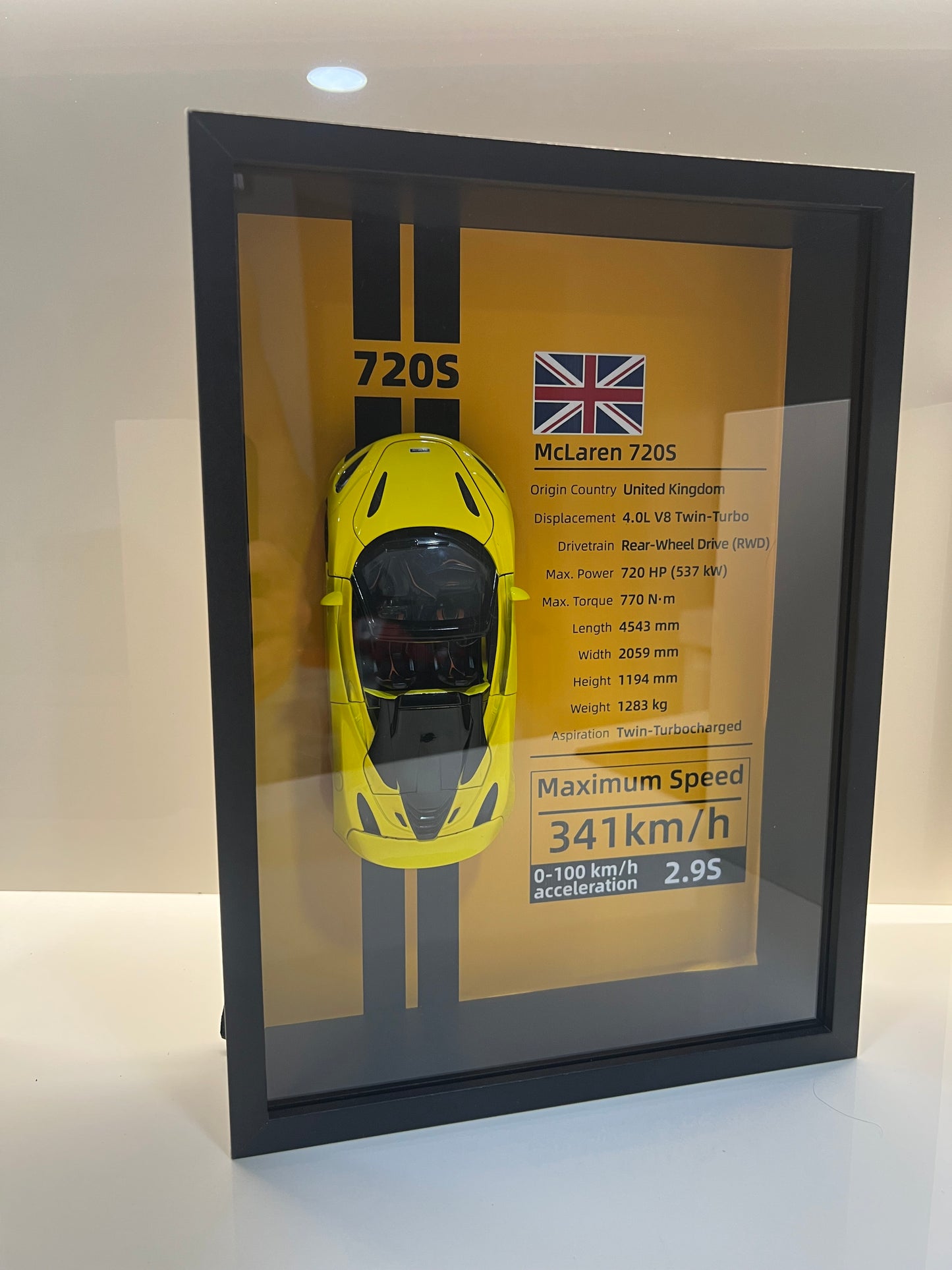 Detalles del cuadro decorativo y maqueta die-cast McLaren 720S