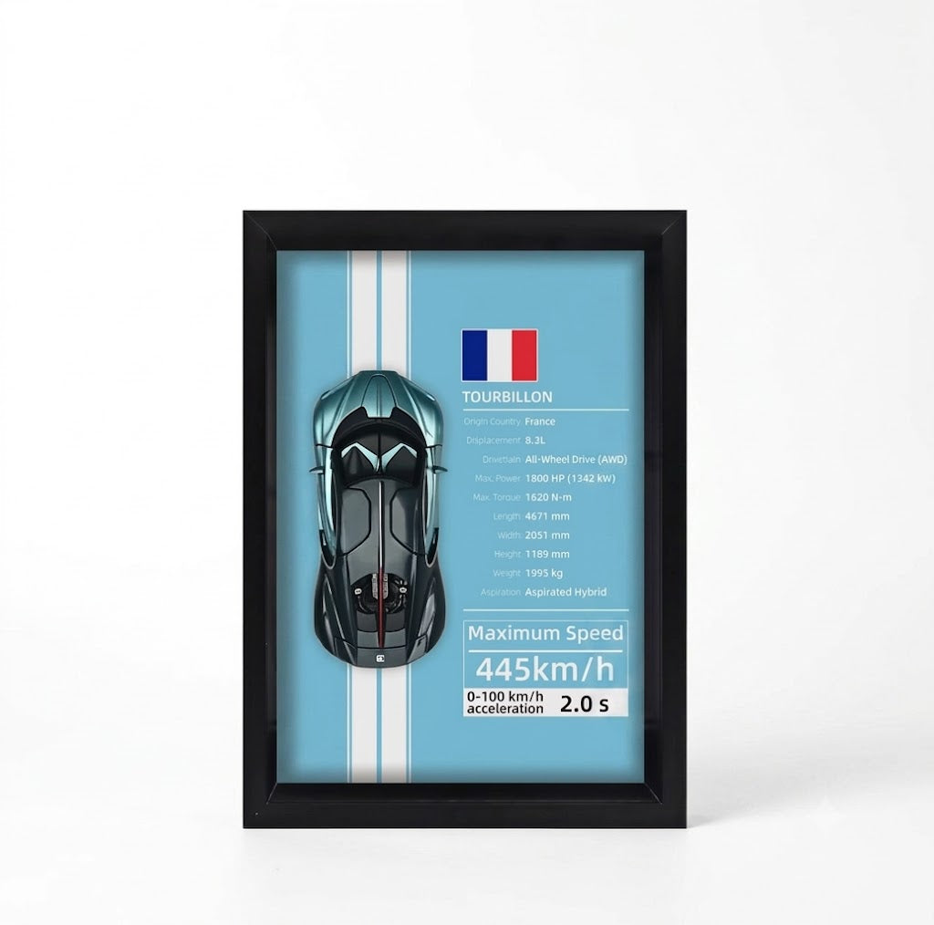 Detalle de miniatura die-cast Bugatti Tourbillon dentro del marco
