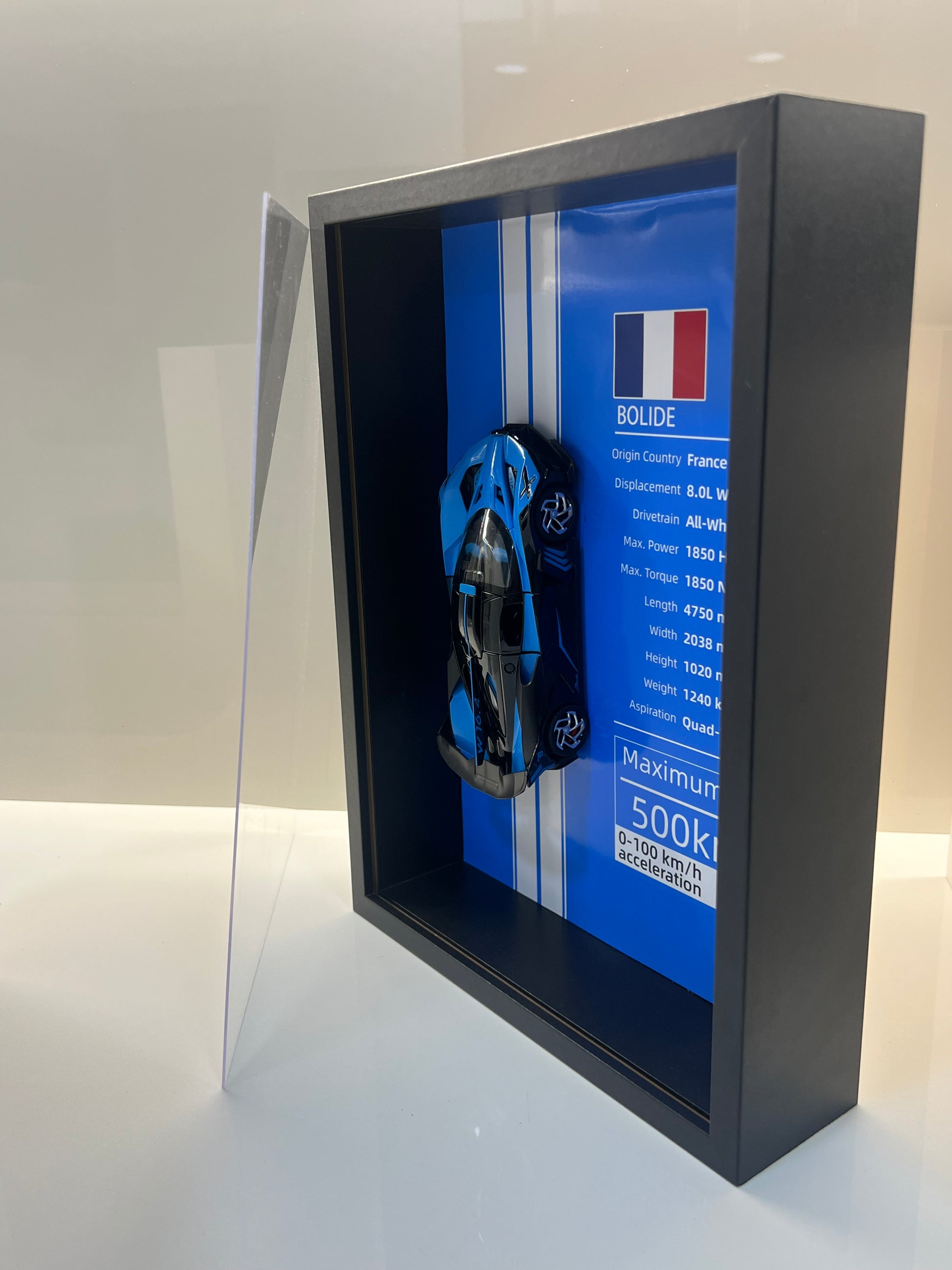 Detalles del cuadro decorativo y maqueta die-cast Bugatti Bolide