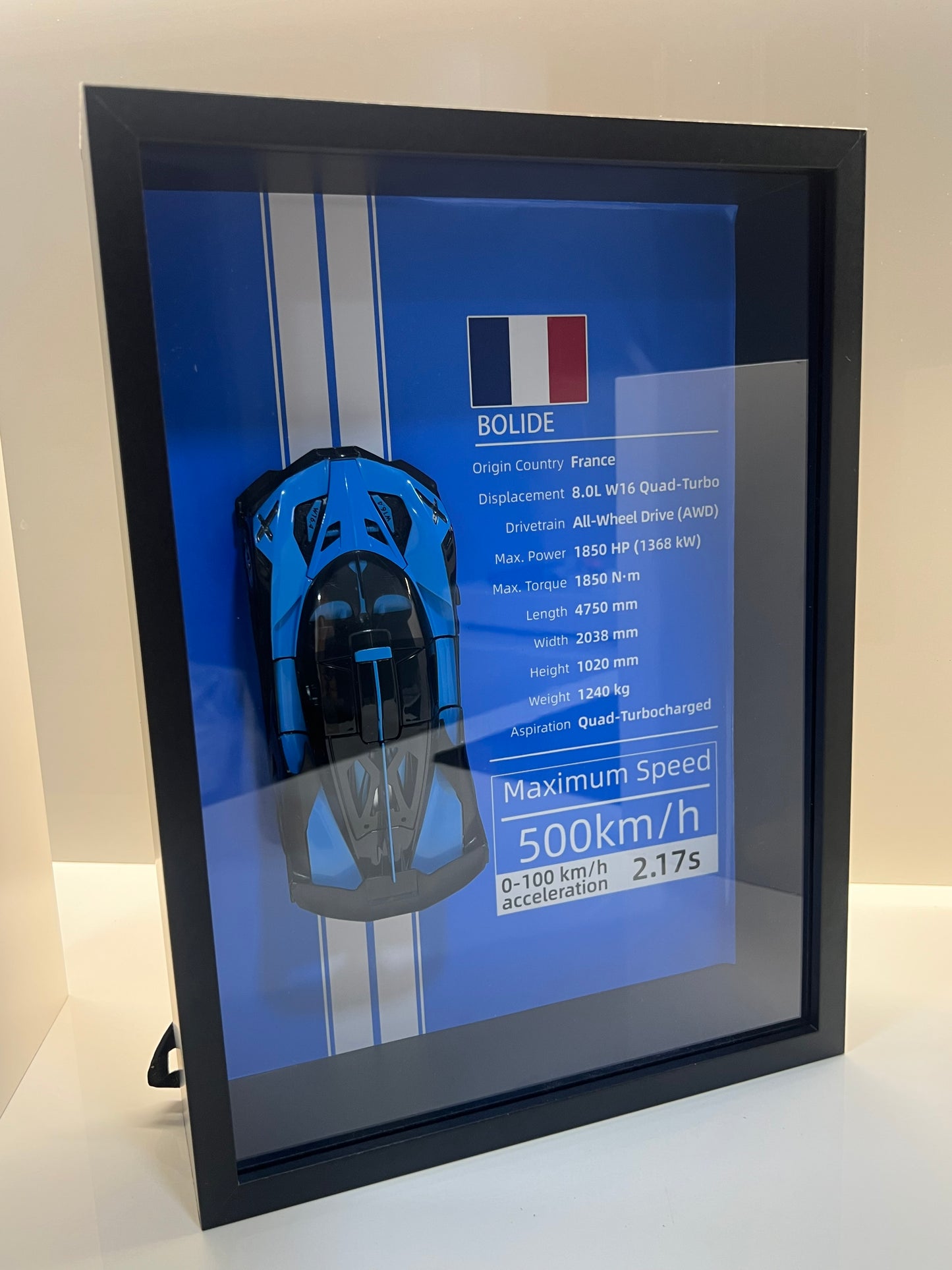 Detalles del cuadro decorativo y maqueta die-cast Bugatti Bolide