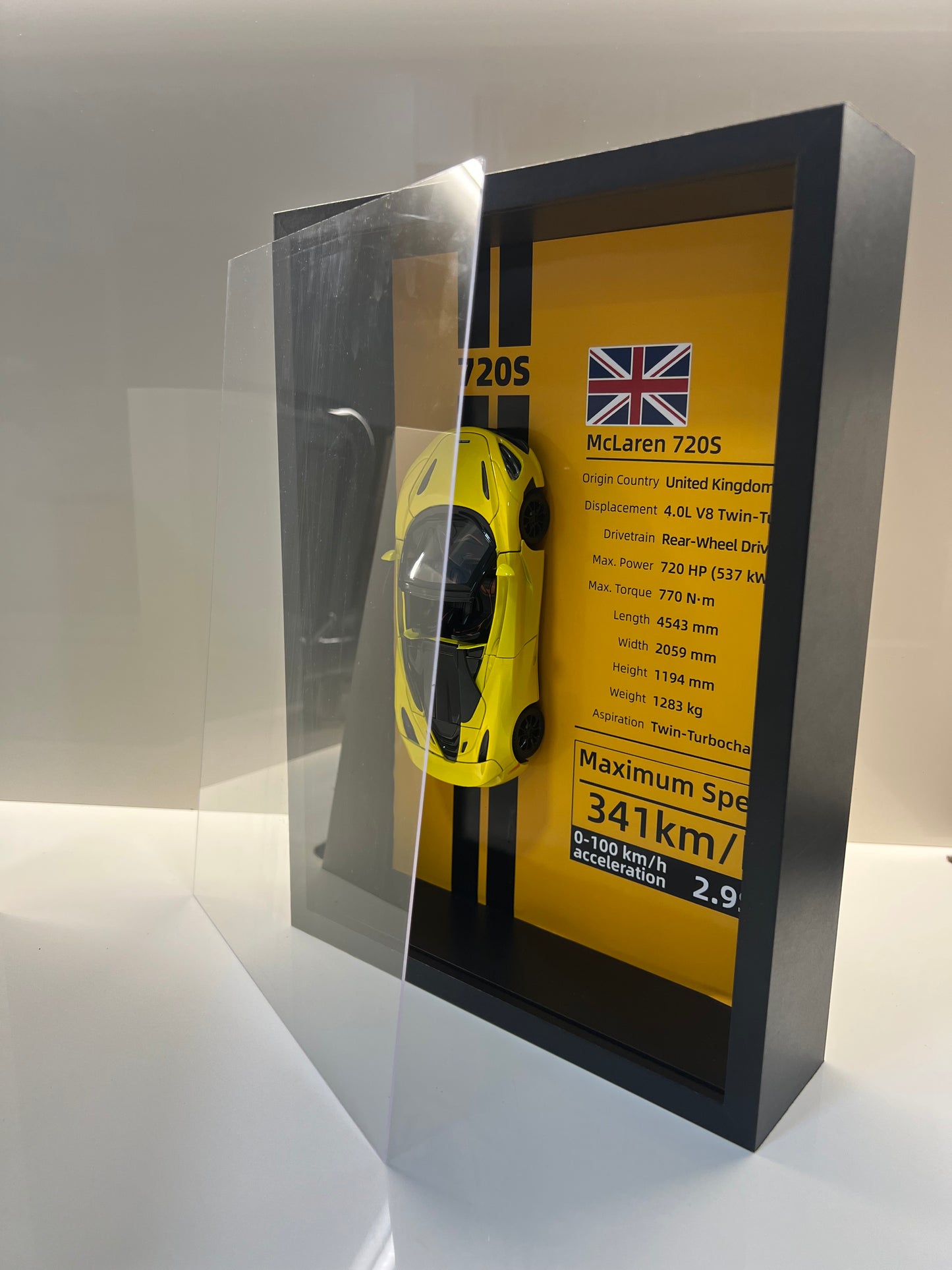 Detalles del cuadro decorativo y maqueta die-cast McLaren 720S