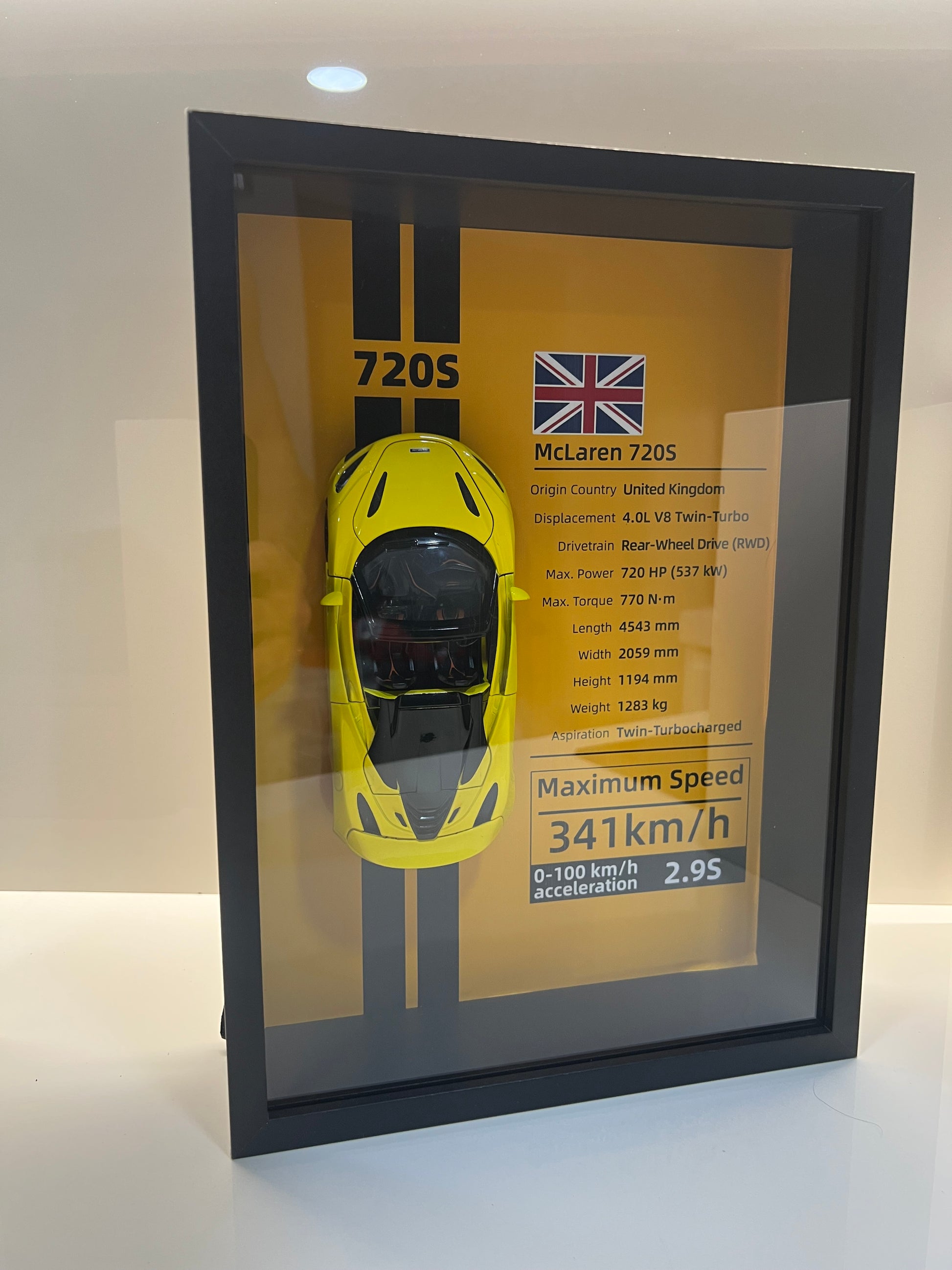 Detalles del cuadro decorativo y maqueta die-cast McLaren 720S