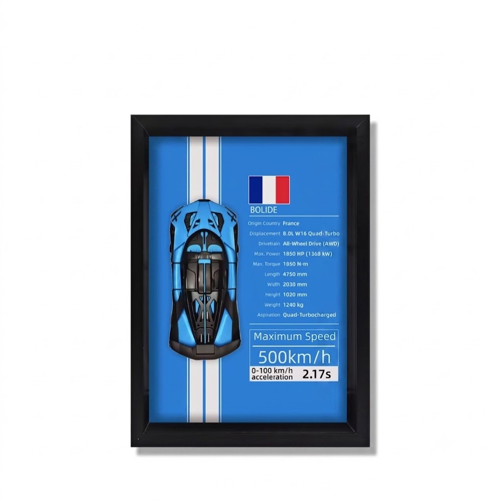Cuadro 3D Bugatti Bolide die-cast escala 1:32 con ficha técnica