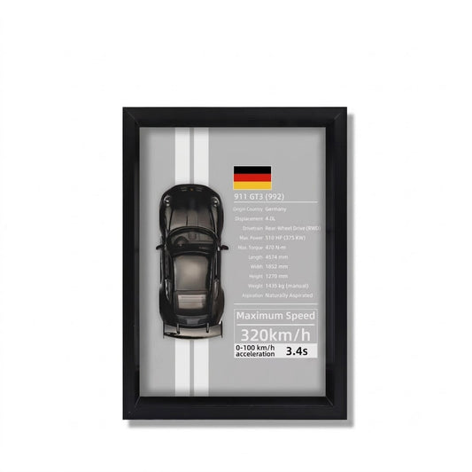Cuadro 3D Porsche 911 die-cast escala 1:32 con ficha técnica